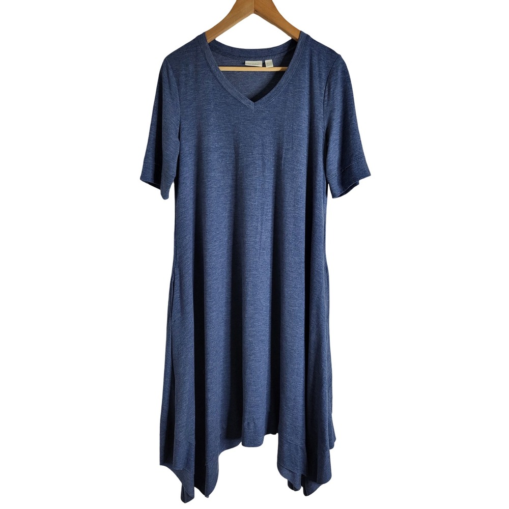 Logo Lounge Womens Blue V-Neck Short Sleeve Sharkbite Hem Pocket Dress Medium